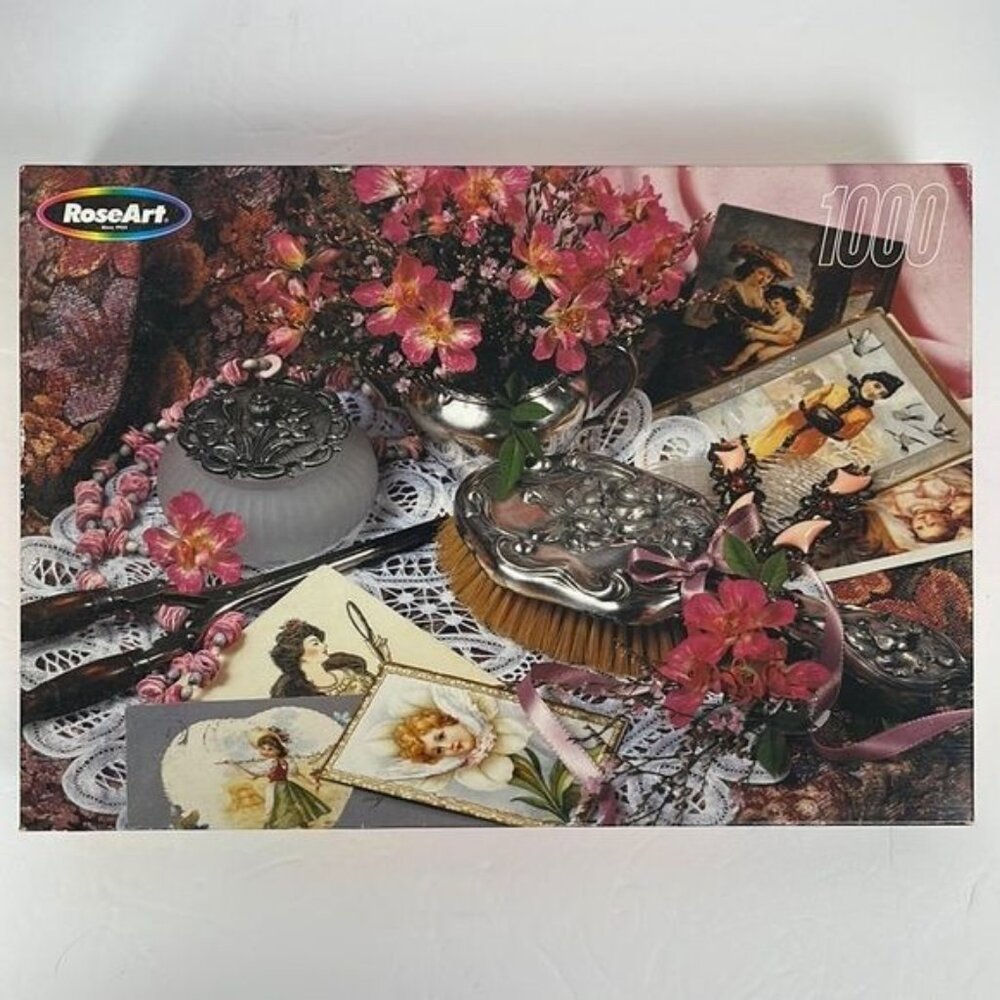 Vtg Rose Art Antique Boudoir Vanity 1000 pc Puzzle floral brush postcard NEW